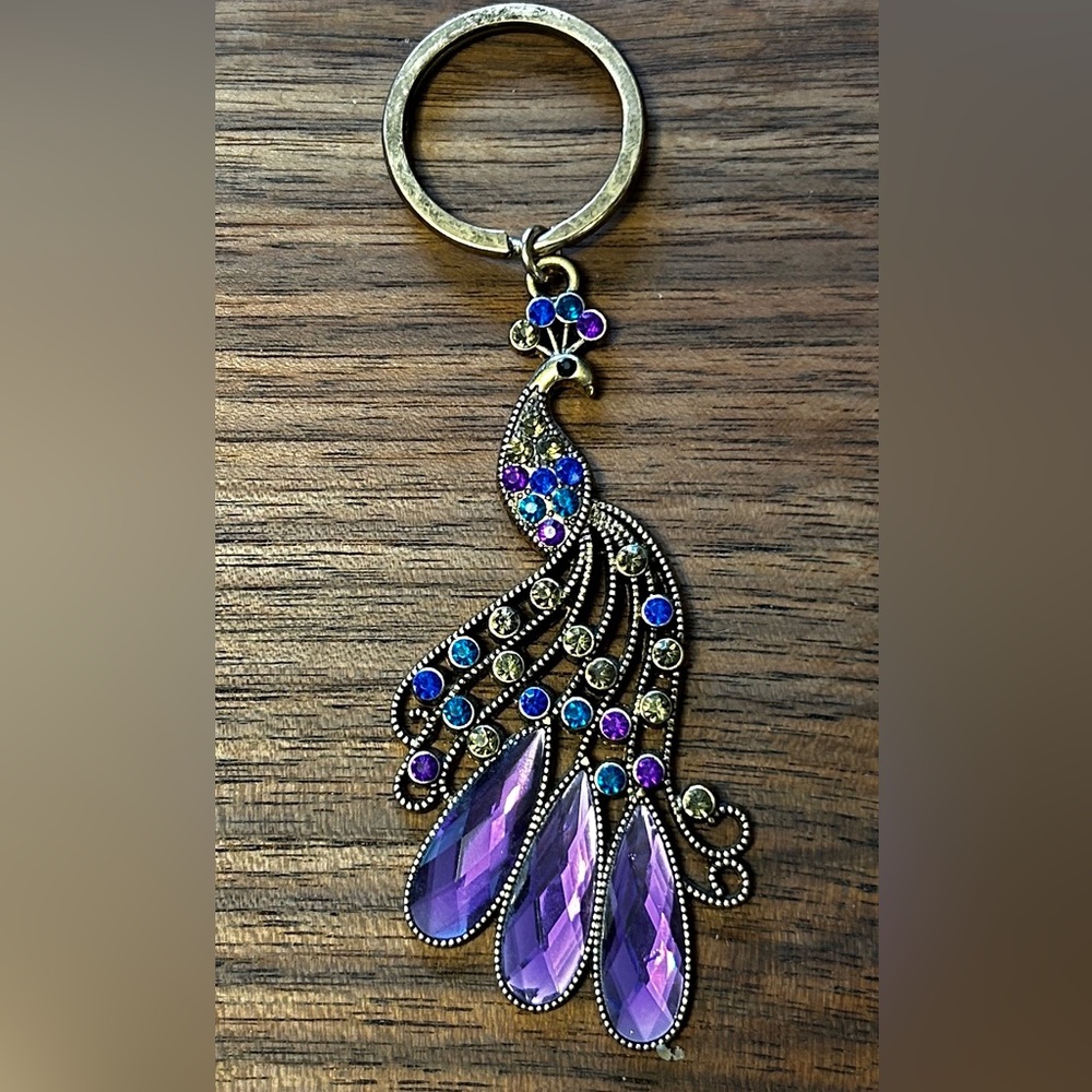 Gold Plated Bejeweled Crystal Rhinestone Peacock Key Chain Charm Blue & Purple